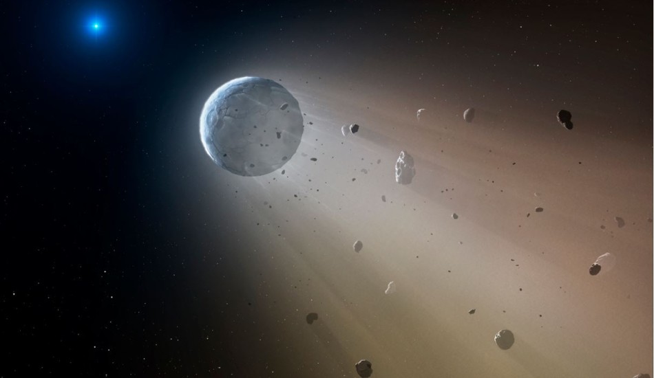 Description: Description: In this artist's conception, a Ceres-like asteroid is slowly disintegrating as it orbits a white dwarf star. Astronomers have spotted telltale signs of such an object using data from the Kepler K2 mission. It is the first planetary object detected transiting a white dwarf. Within about a million years the object will be destroyed, leaving a thin dusting of metals on the surface of the white dwarf. (Image: Mark A. Garlick/arkgarlick.com )