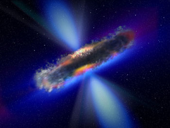 Description: This illustration shows the thick dust torus that astronomers believe surrounds supermassive black holes and their accretion discs.