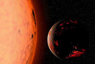 Description: A dark gray and red sphere representing the scorched Earth lies against a black background to the right of an orange circular object representing the Sun